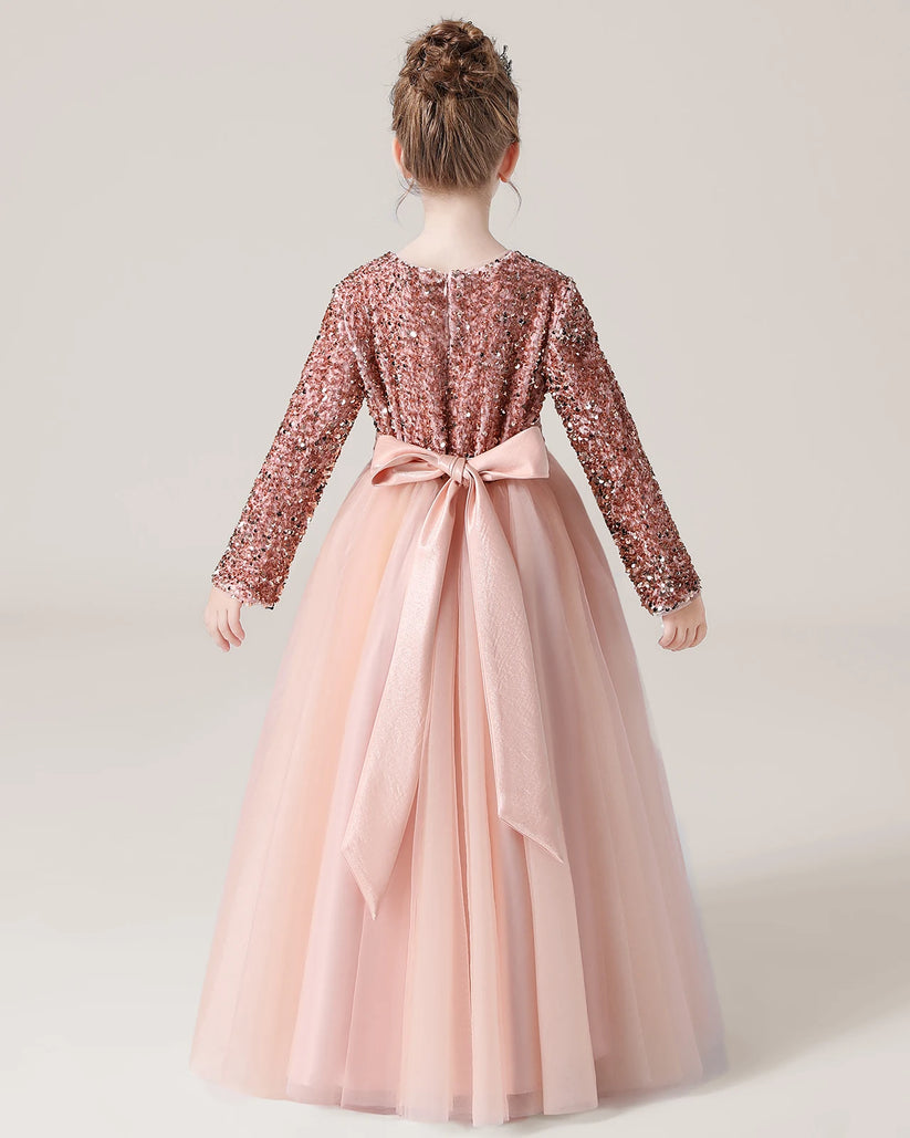 Blush Pink Sequin Tulle A-line Girls Formal Dress Back View