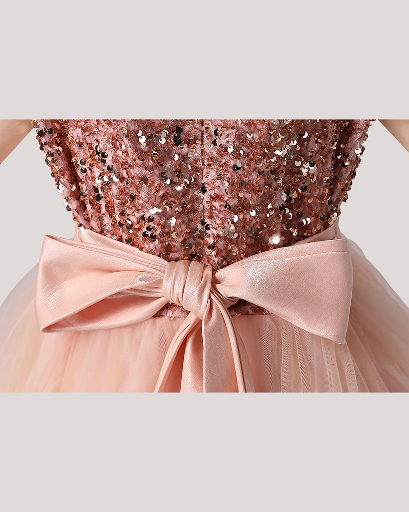 Blush Pink Sequin A-line Girls Formal Dress Back View