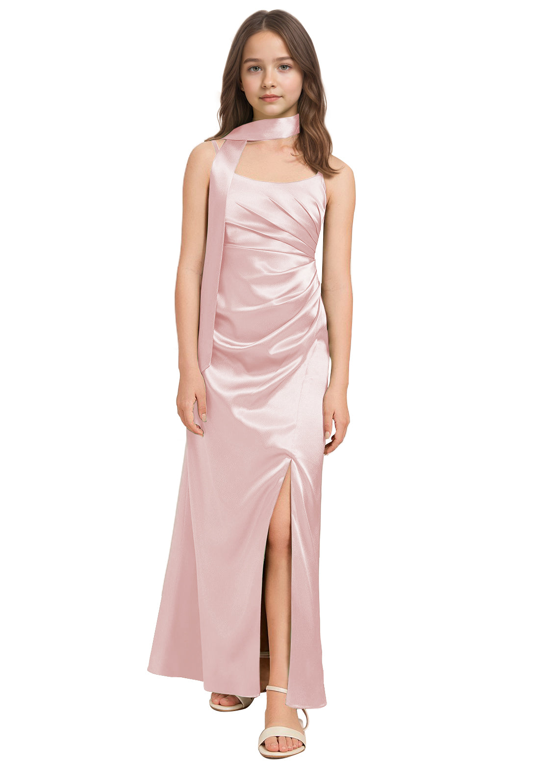 dideyttawl Satin Junior Bridesmaid Dress with Scarf for Girls 4-16 Silk Flower Girl Dress 2527