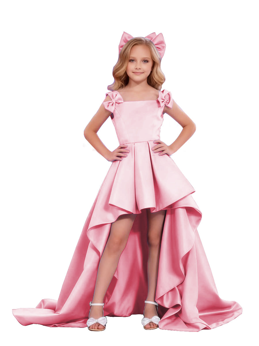 dideyttawl High-Low Junior Bridesmaid Dresses for Girls Pleated Satin A-Line Bow Straps Pageant Formal Party Dress 2536