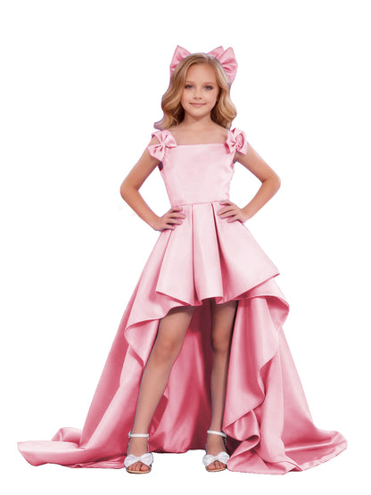 dideyttawl High-Low Junior Bridesmaid Dresses for Girls Pleated Satin A-Line Bow Straps Pageant Formal Party Dress 2536