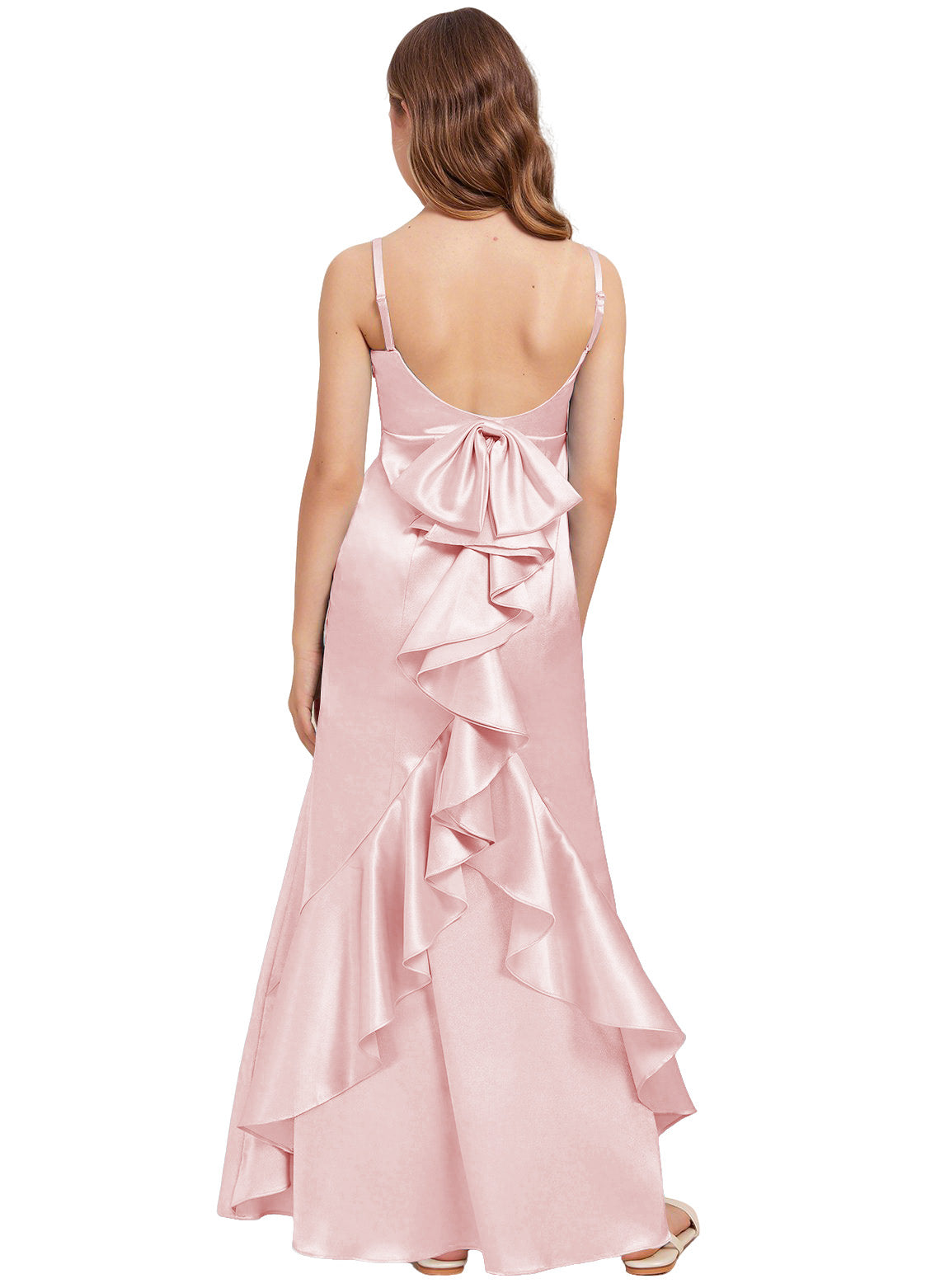 dideyttawl Mermaid Junior Bridesmaid Dress with Slit V-Neck Ruffles Bow Stretch Satin Flower Girl Dress Sleeveless Formal Special Occasion Dress for Wedding 2522