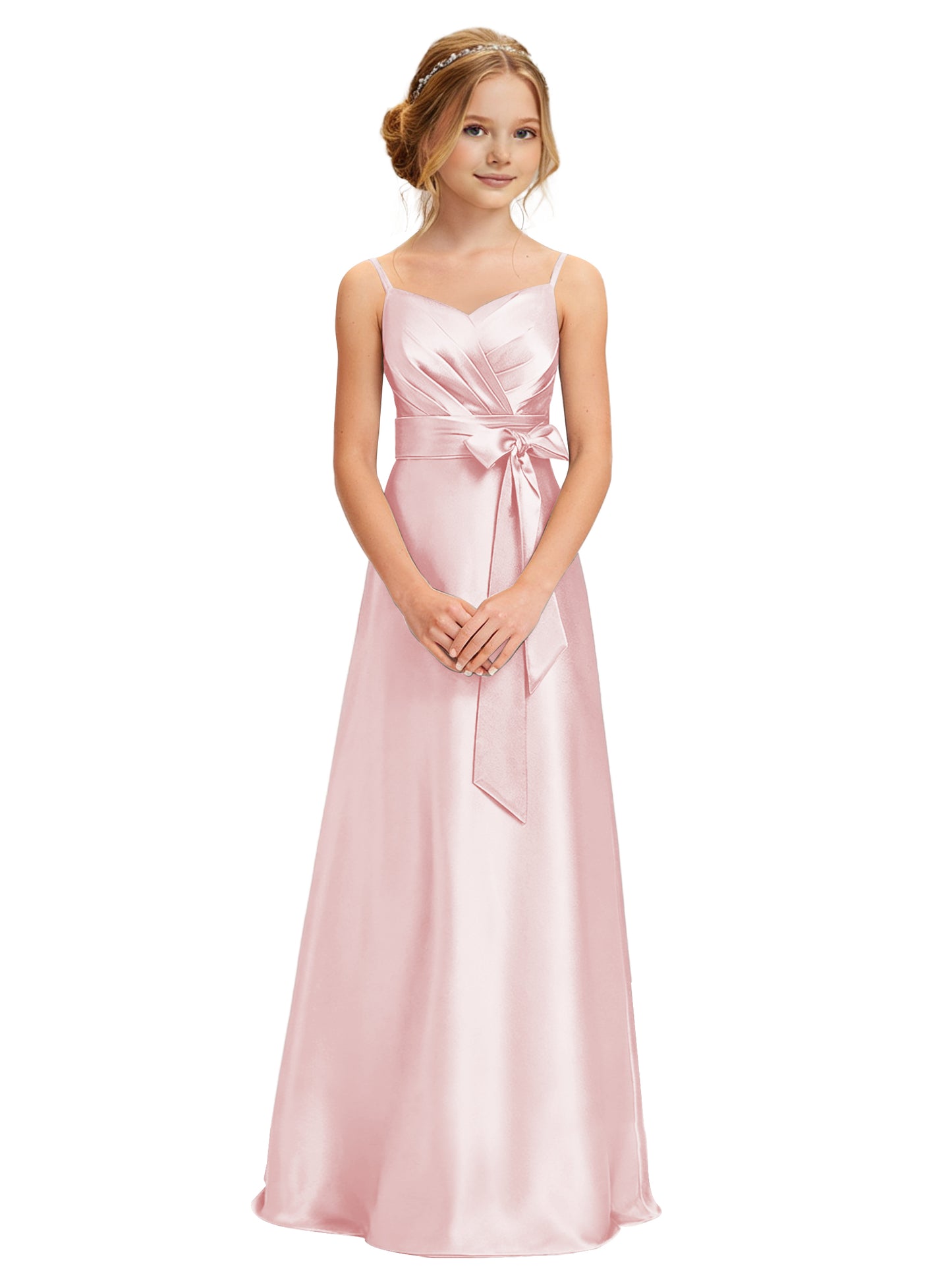 dideyttawl 2026 Girls Pleated Satin Prom Dress Bow Belt Ball Gown Maxi Spaghetti Straps Junior Bridesmaid Dress 2547