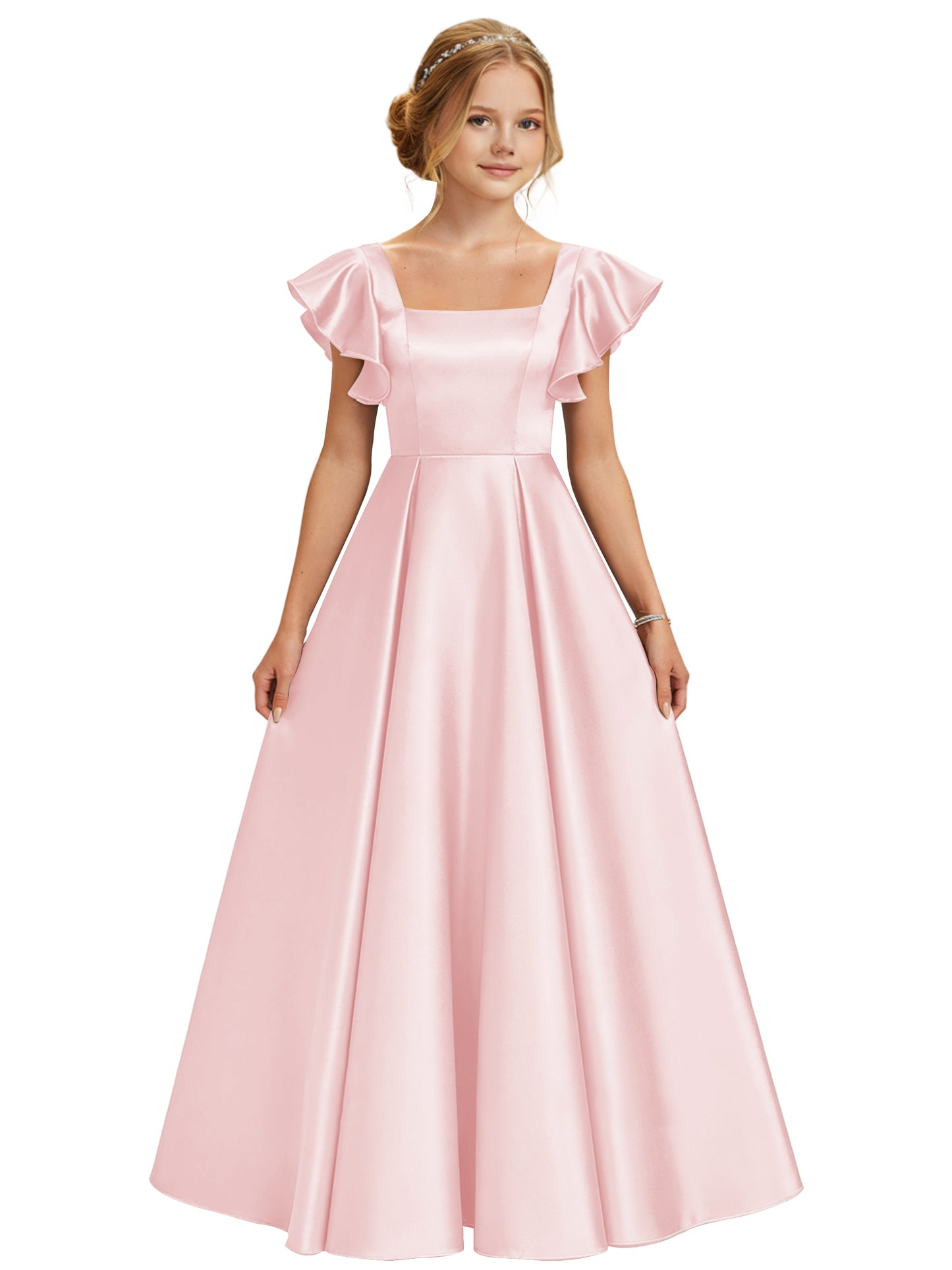 dideyttawl 2026 Girls Satin Prom Ball Gown Princess Dress Maxi Ruffle Sleeve Junior Bridesmaid Flower Girl Dresses 2546