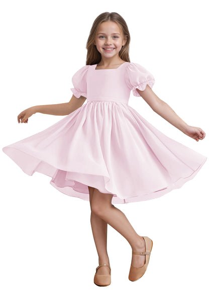 Chiffon Short Sleeves Flower Girl Dresses Knee Length Junior Bridesmaid Dresses for 4-16 650C