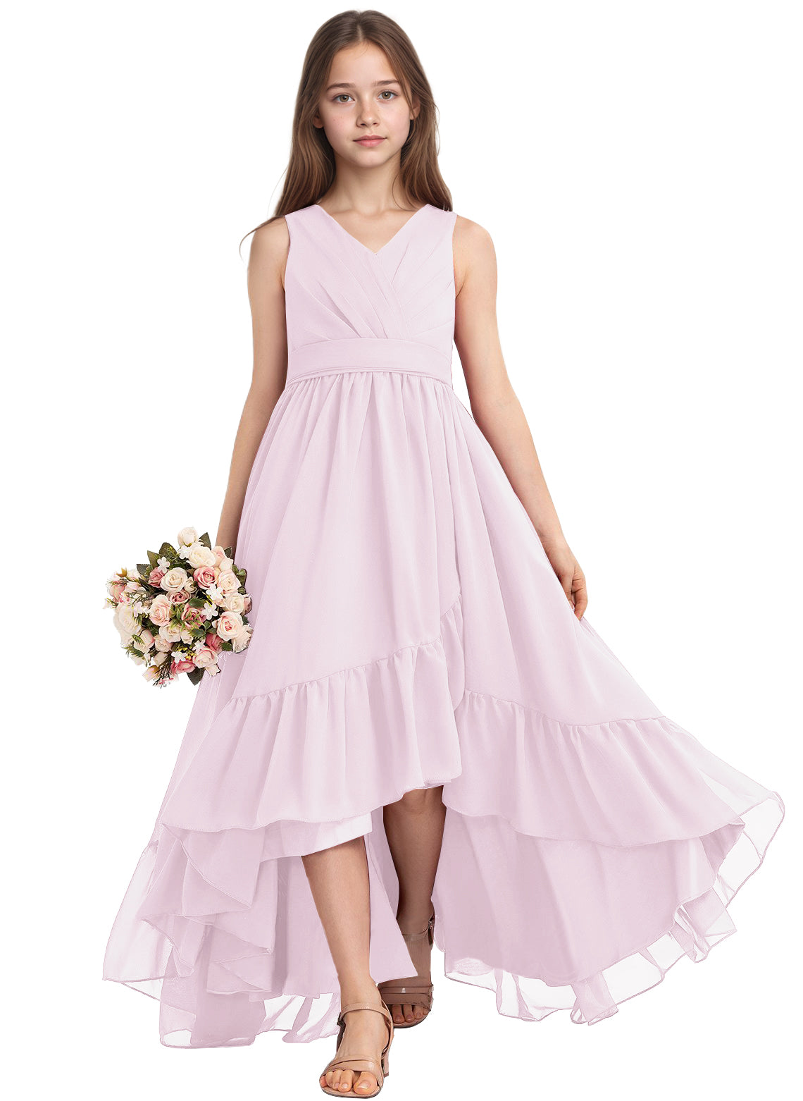 dideyttawl A-Line High Low Flower Girls Dress Long V-Neck Junior Bridesmaid Dresses for Teens Pleated Chiffon 2511