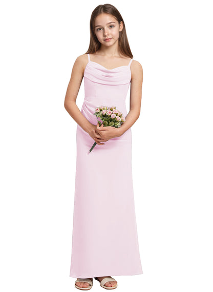 dideyttawl Long Sheathe Junior Bridesmaid Dresses for Girls Chiffon A-Line Ruched Cowl Neck Wedding Flower Girls Dress 2512