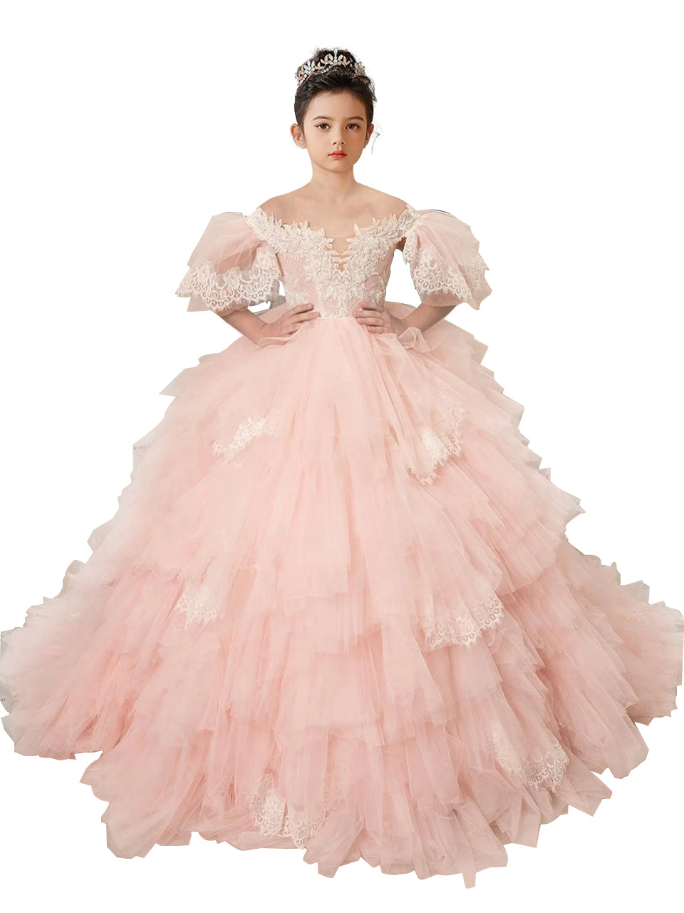 Flower Girl Dresses Lace Appliqued Puffy Sleeves Floor Length Long Train Princess Dresses