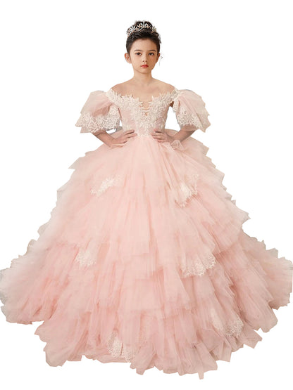 Flower Girl Dresses Lace Appliqued Puffy Sleeves Floor Length Long Train Princess Dresses
