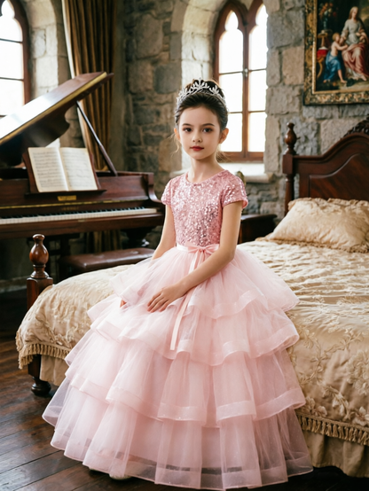 Dideyttawl Puffy Flower Girls Dress Sequins Flower Girl Dresses Sparkly Cap Sleeves Junior Bridesmaid Dress 648