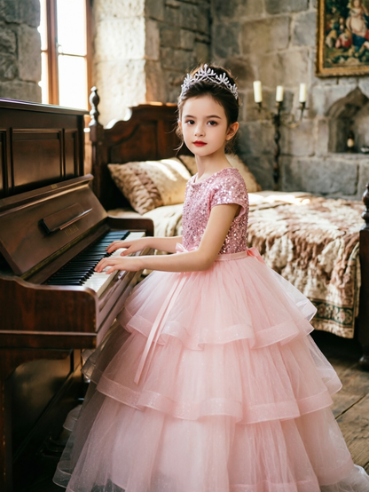 Dideyttawl Puffy Flower Girls Dress Sequins Flower Girl Dresses Sparkly Cap Sleeves Junior Bridesmaid Dress 648