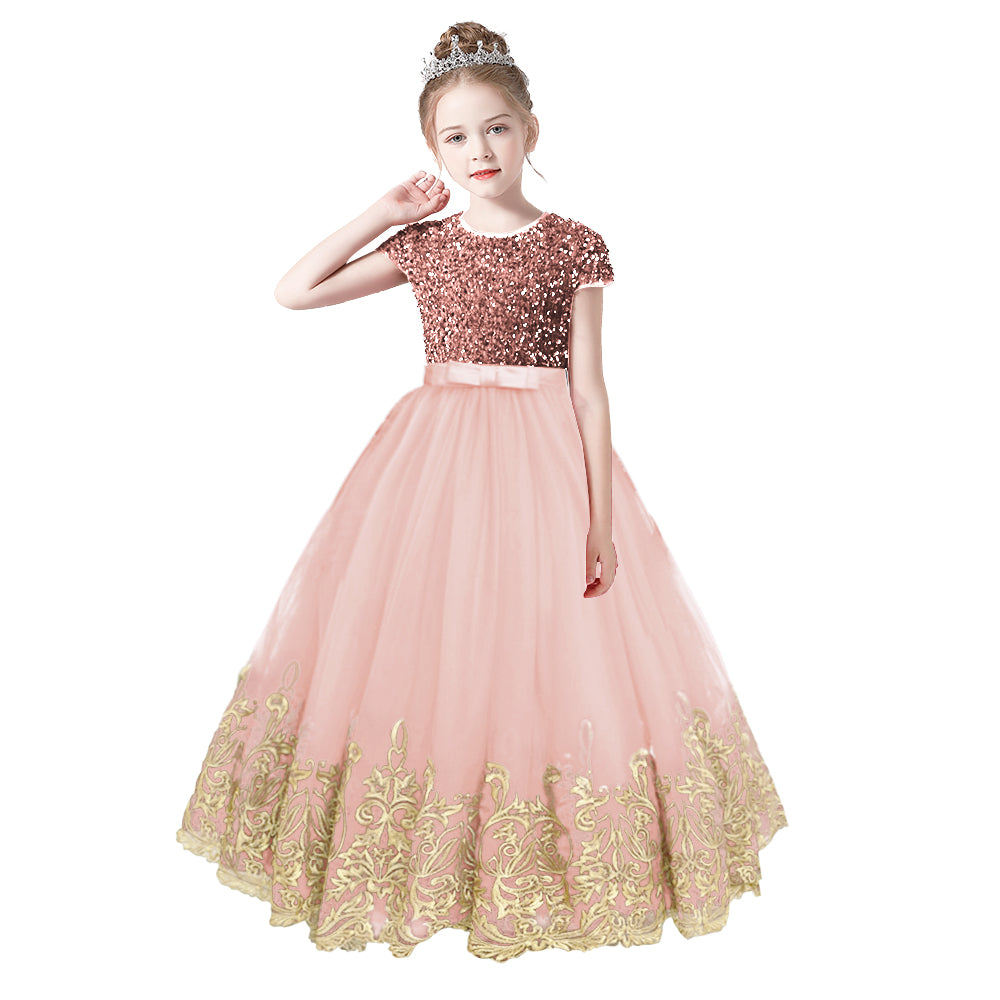 Flower Girls Dress Gold Embroidery Appliqued Puff Tulle Short Sleeves Sequins Party Dress