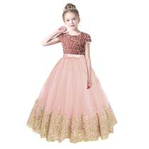 Dideyttawl Pageant Dress Gold Embroidery Appliqued Puff Tulle Short Sleeves Sequins Party Dress