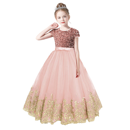 Flower Girls Dress Gold Embroidery Appliqued Puff Tulle Short Sleeves Sequins Party Dress