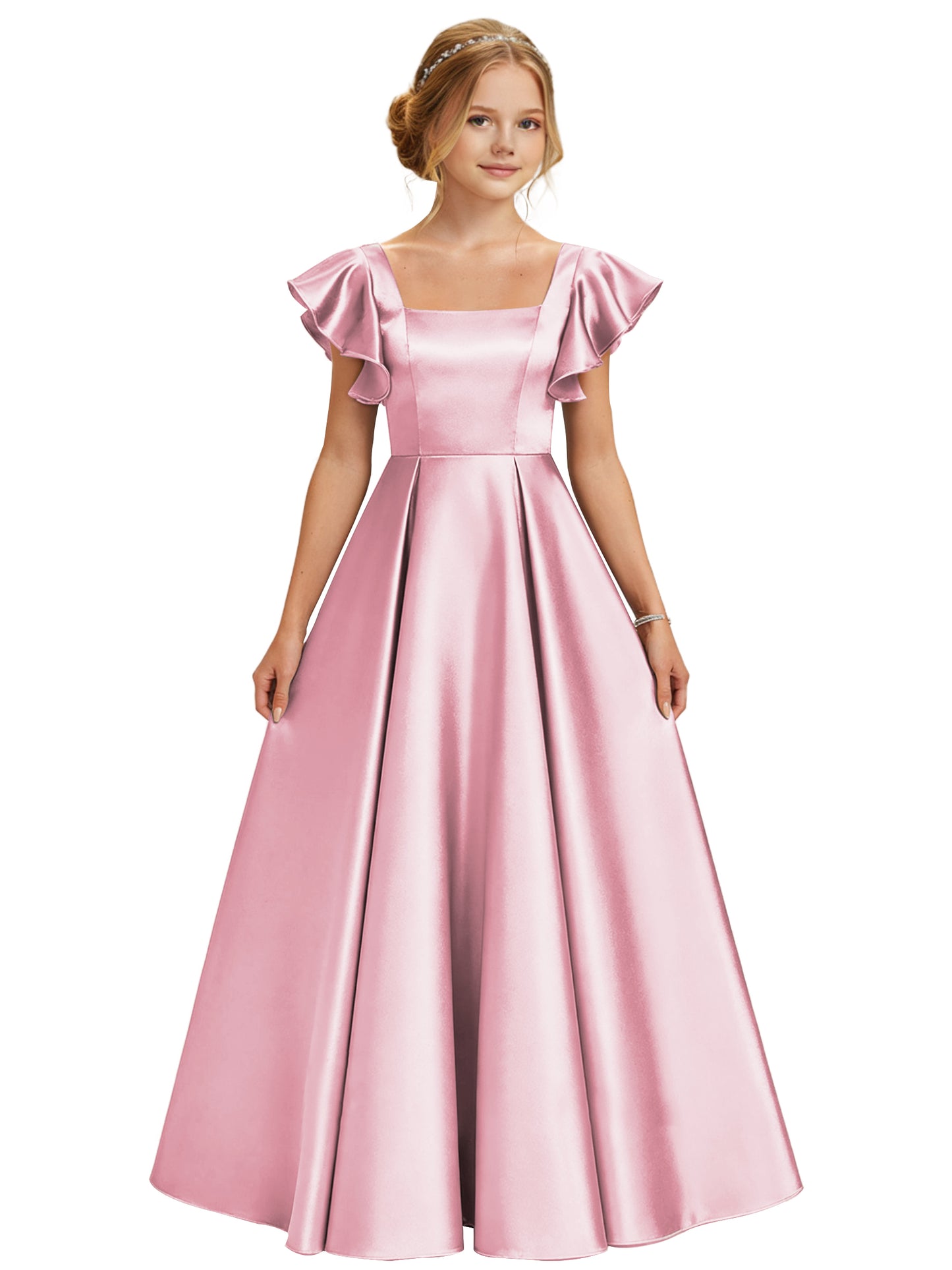 dideyttawl 2026 Girls Satin Prom Ball Gown Princess Dress Maxi Ruffle Sleeve Junior Bridesmaid Flower Girl Dresses 2546