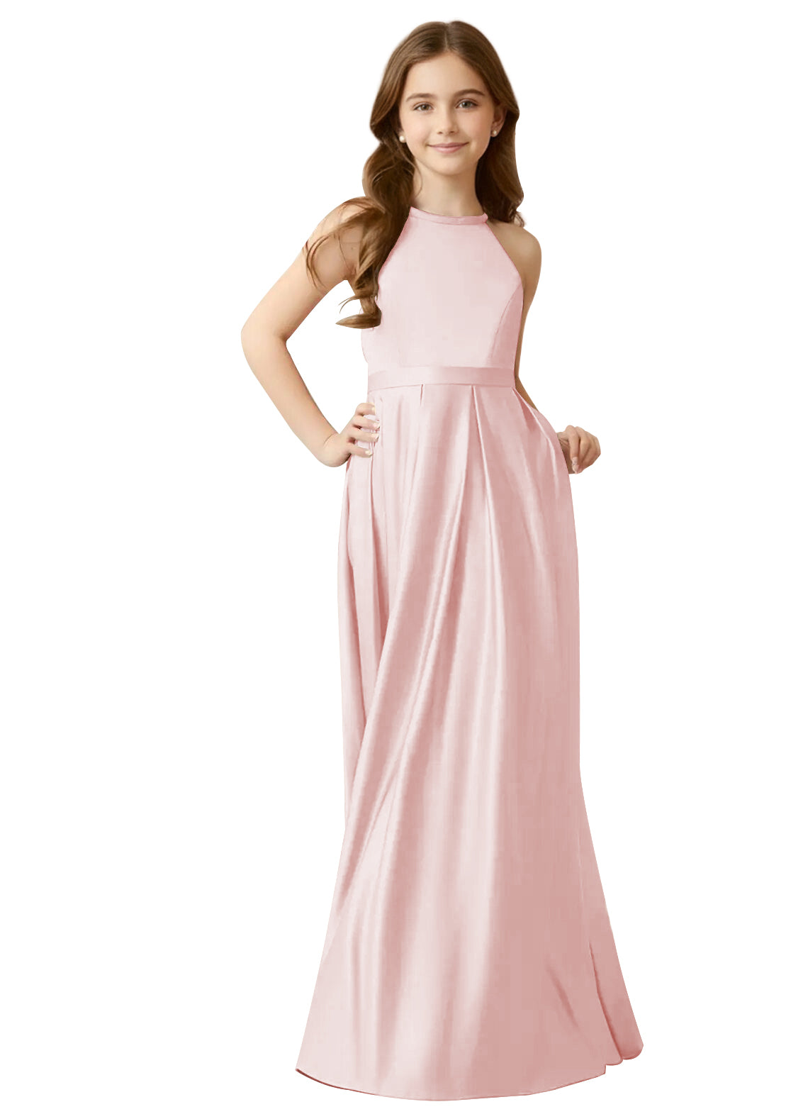 dideyttawl A-Line Junior Bridesmaid Dresses Halter Flower Girls Dress Satin Adjustable Straps Formal Gown 2532