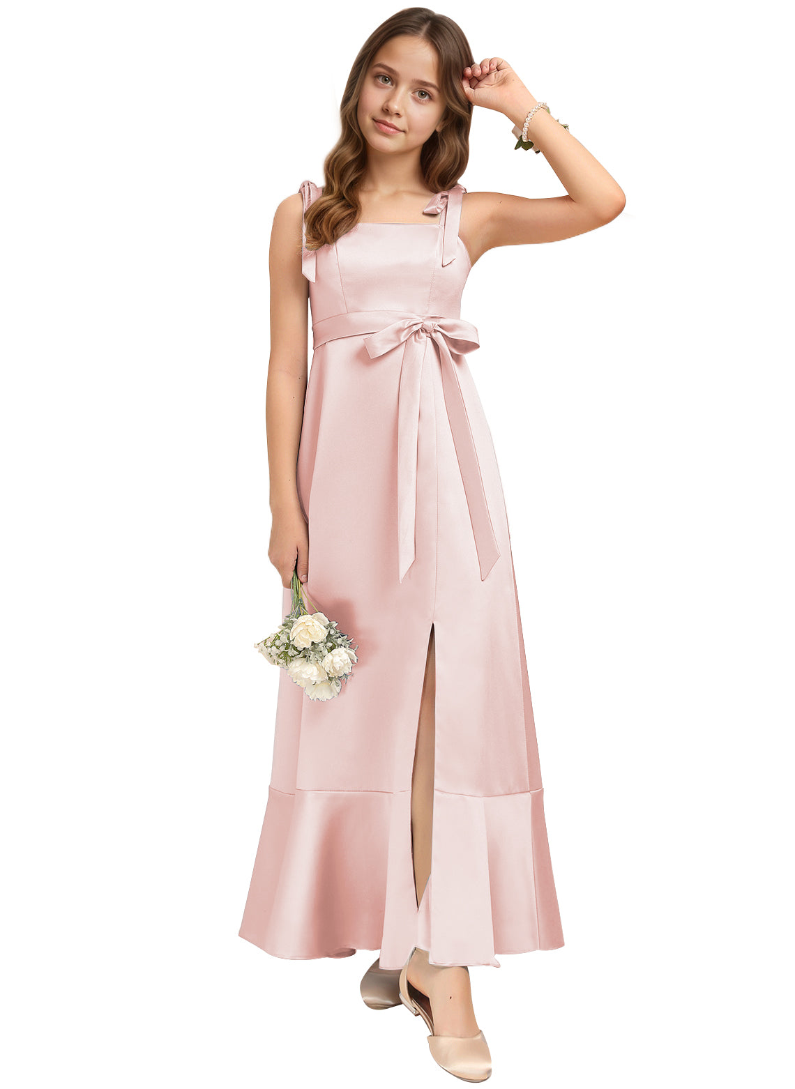 dideyttawl Junior Bridesmaid Dresses for Teens Silk Satin Adjustable Straps Flower Girl Dress with Slit 2529