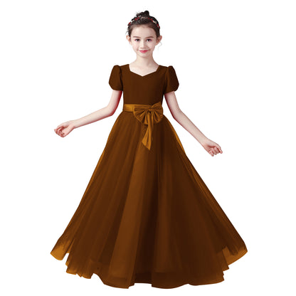 junior party dresses Dideyttawl Girls Christmas Dress Junior Formal Dresses For Special Occasion Elegant V-Neck Party Dress Red Velvet Ball Gown Puff Sleeves, Brown / 10