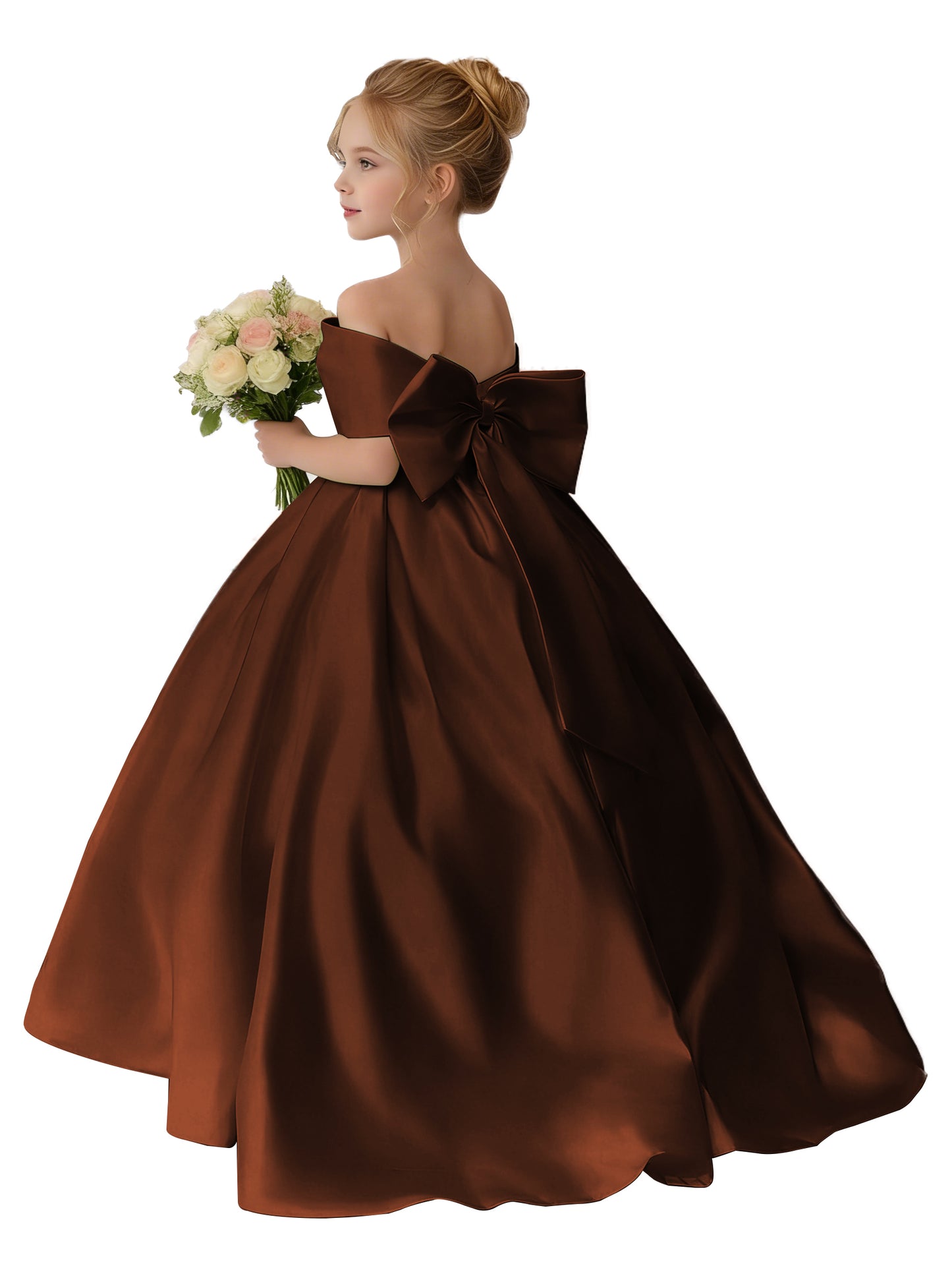 Dideyttawl Satin Flower Girl Dress A Line Off Shoulder Formal Ball Gown Bow Back