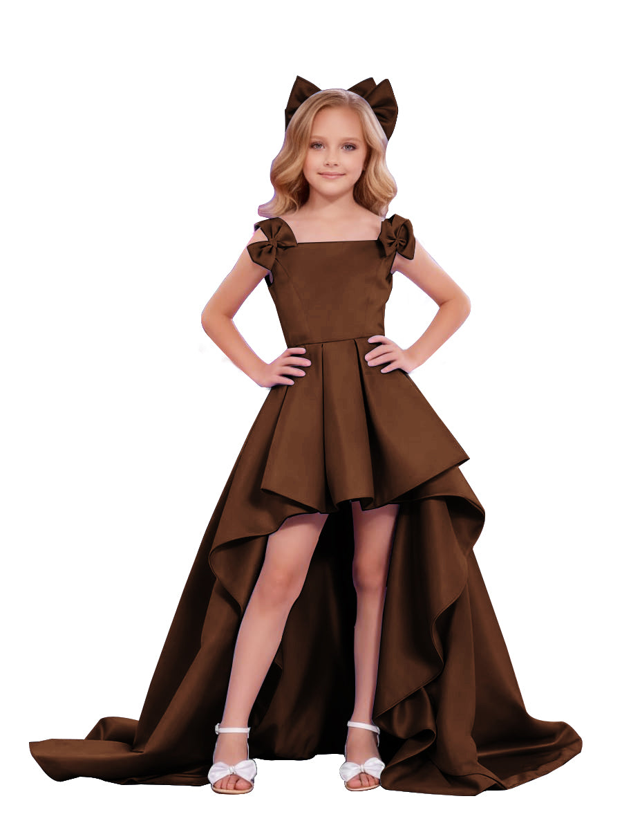dideyttawl High-Low Junior Bridesmaid Dresses for Girls Pleated Satin A-Line Bow Straps Pageant Formal Party Dress 2536