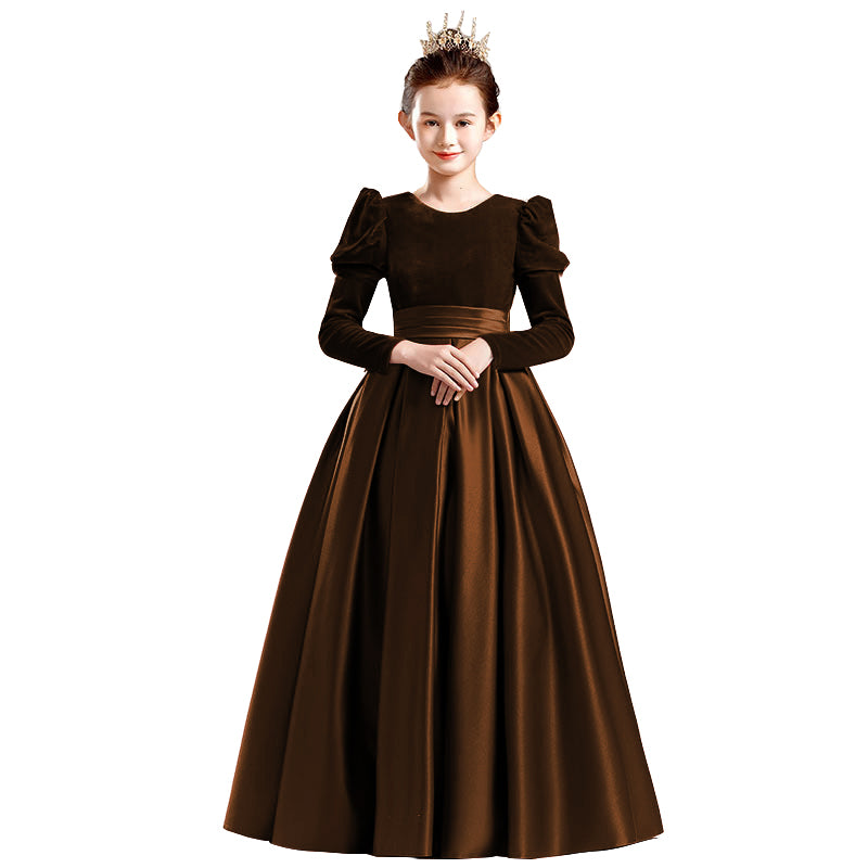 Dideyttawl Velvet Girls Formal Dress Long Sleeves Satin Flower Girl Dress 2541