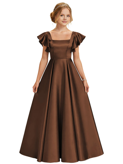 dideyttawl 2026 Girls Satin Prom Ball Gown Princess Dress Maxi Ruffle Sleeve Junior Bridesmaid Flower Girl Dresses 2546