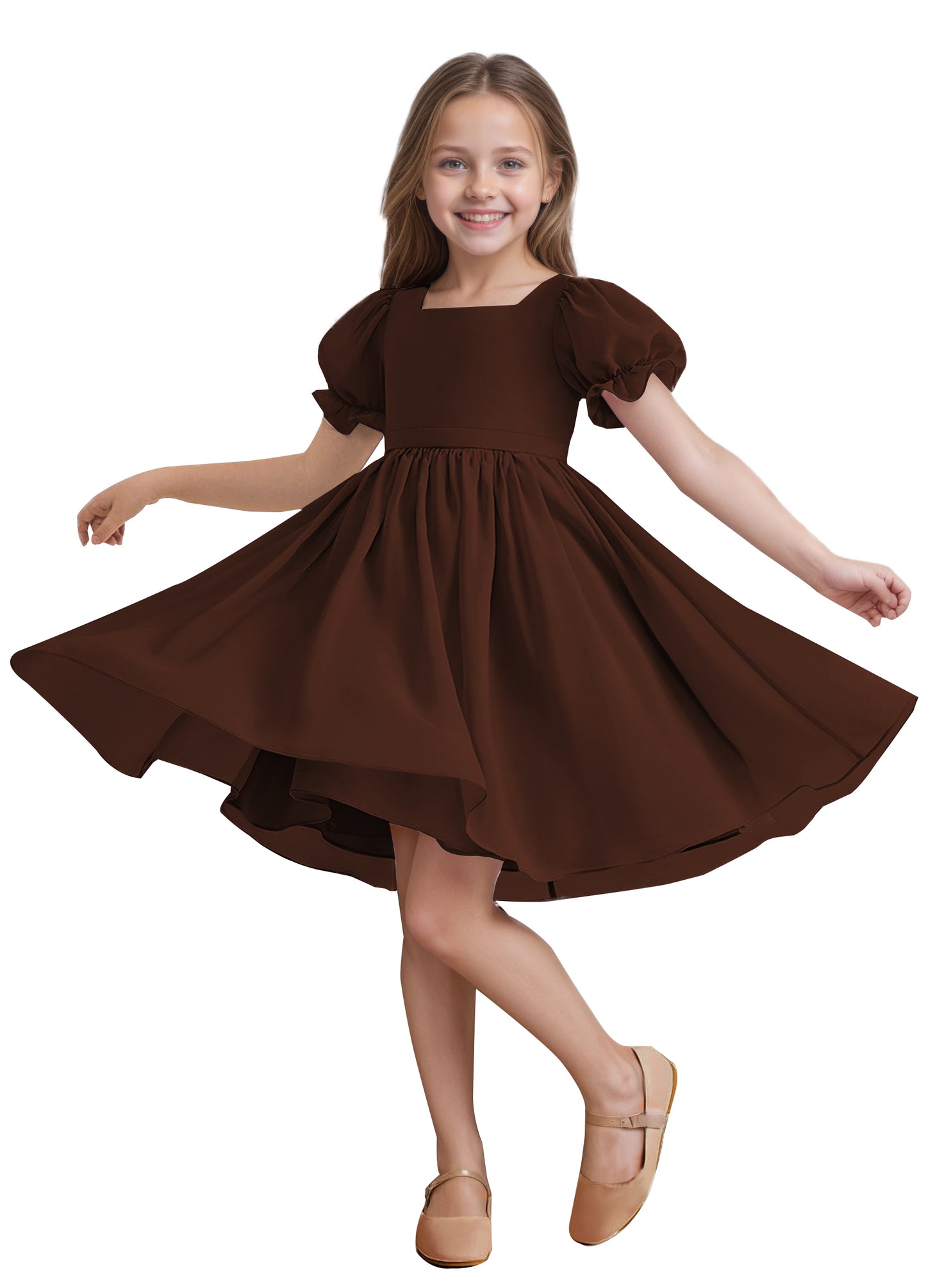 Chiffon Short Sleeves Flower Girl Dresses Knee Length Junior Bridesmaid Dresses for 4-16 650C