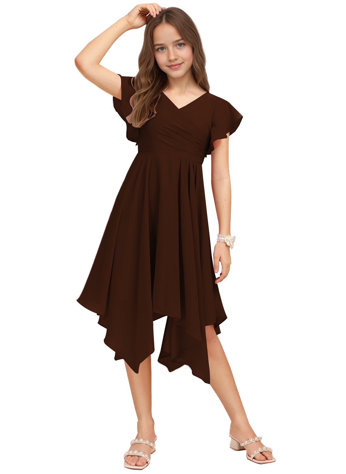 Chiffon Short Junior Bridesmaid Dresses Knee Length Flutter Sleeves Flower Girl Dresses for 4-16 2505