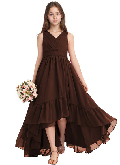 dideyttawl A-Line High Low Flower Girls Dress Long V-Neck Junior Bridesmaid Dresses for Teens Pleated Chiffon 2511