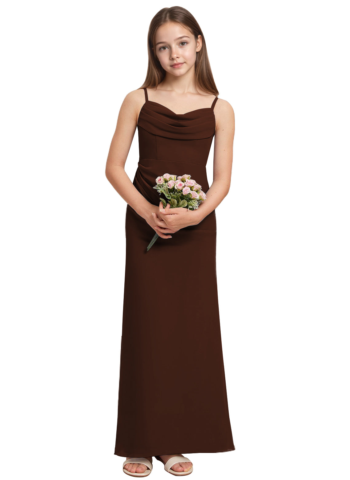 dideyttawl Long Sheathe Junior Bridesmaid Dresses for Girls Chiffon A-Line Ruched Cowl Neck Wedding Flower Girls Dress 2512