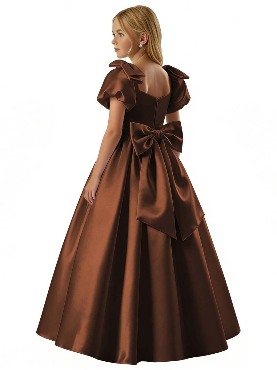 dideyttawl 2026 Satin Flower Girl Dress A Line Big Bow Long Prom Princess Ball Gown Puff Sleeves Junior Bridesmaid Dress 2773