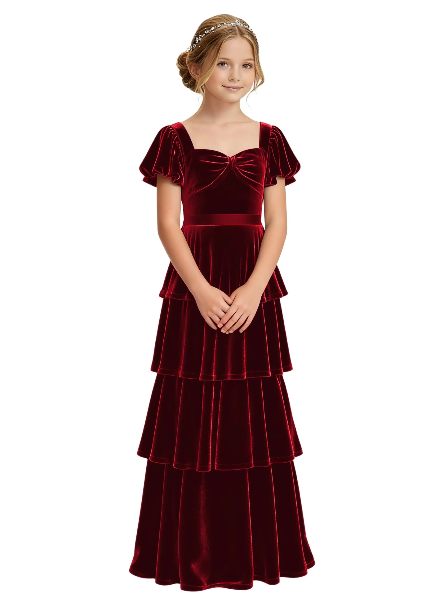 Dideyttawl Burgundy Velvet Junior Bridesmaid Dress Puff Sleeve Tiered Ruffle Formal Dress