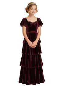 Dideyttawl Burgundy Velvet Girls Formal Dress Puff Sleeve Tiered Ruffle Formal Dress