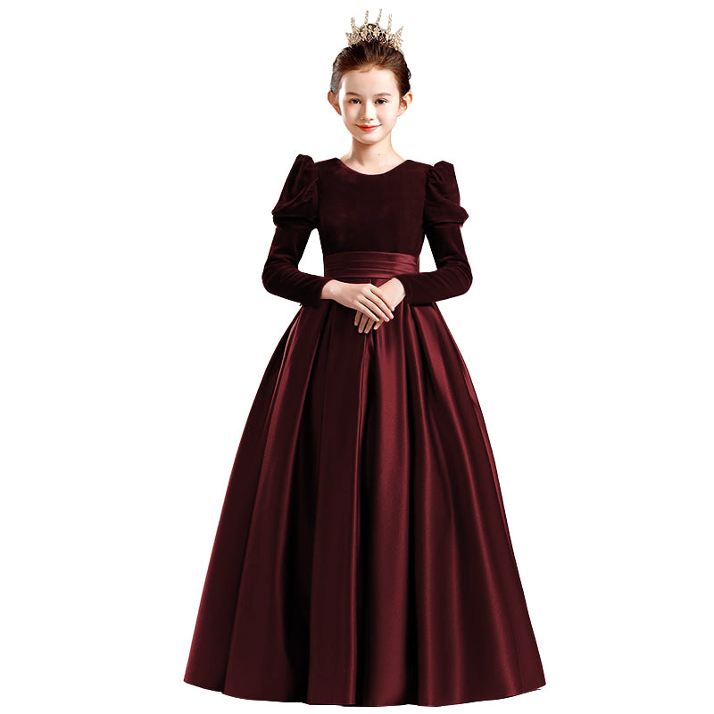 Dideyttawl Velvet Girls Formal Dress Long Sleeves Satin Flower Girl Dress 2541