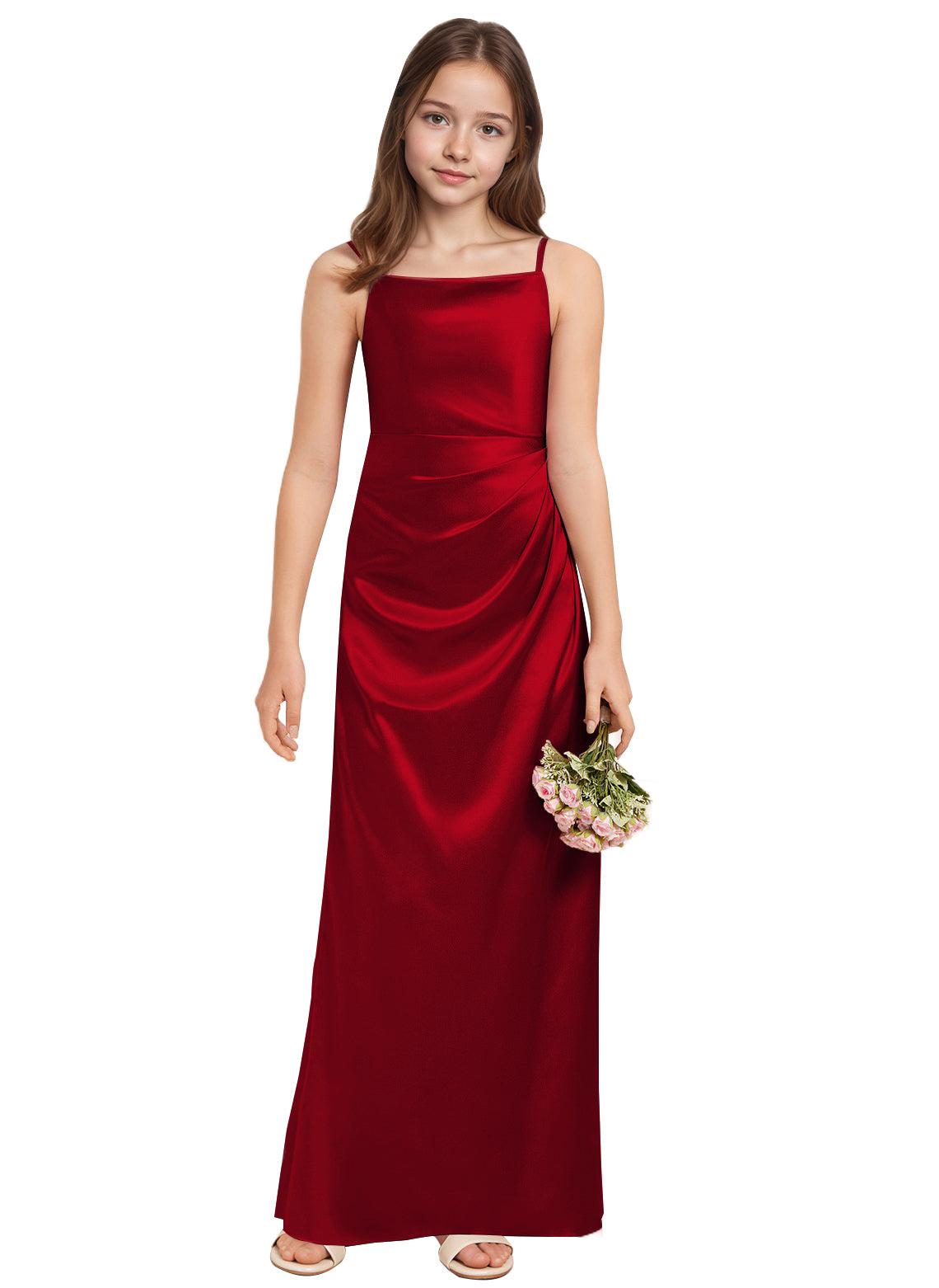 dideyttawl A-Line Junior Bridesmaid Dress Square Neck Pleated Stretch Satin Flower Girl Dress Sleeveless Formal Special Occasion Dress for Wedding 2520