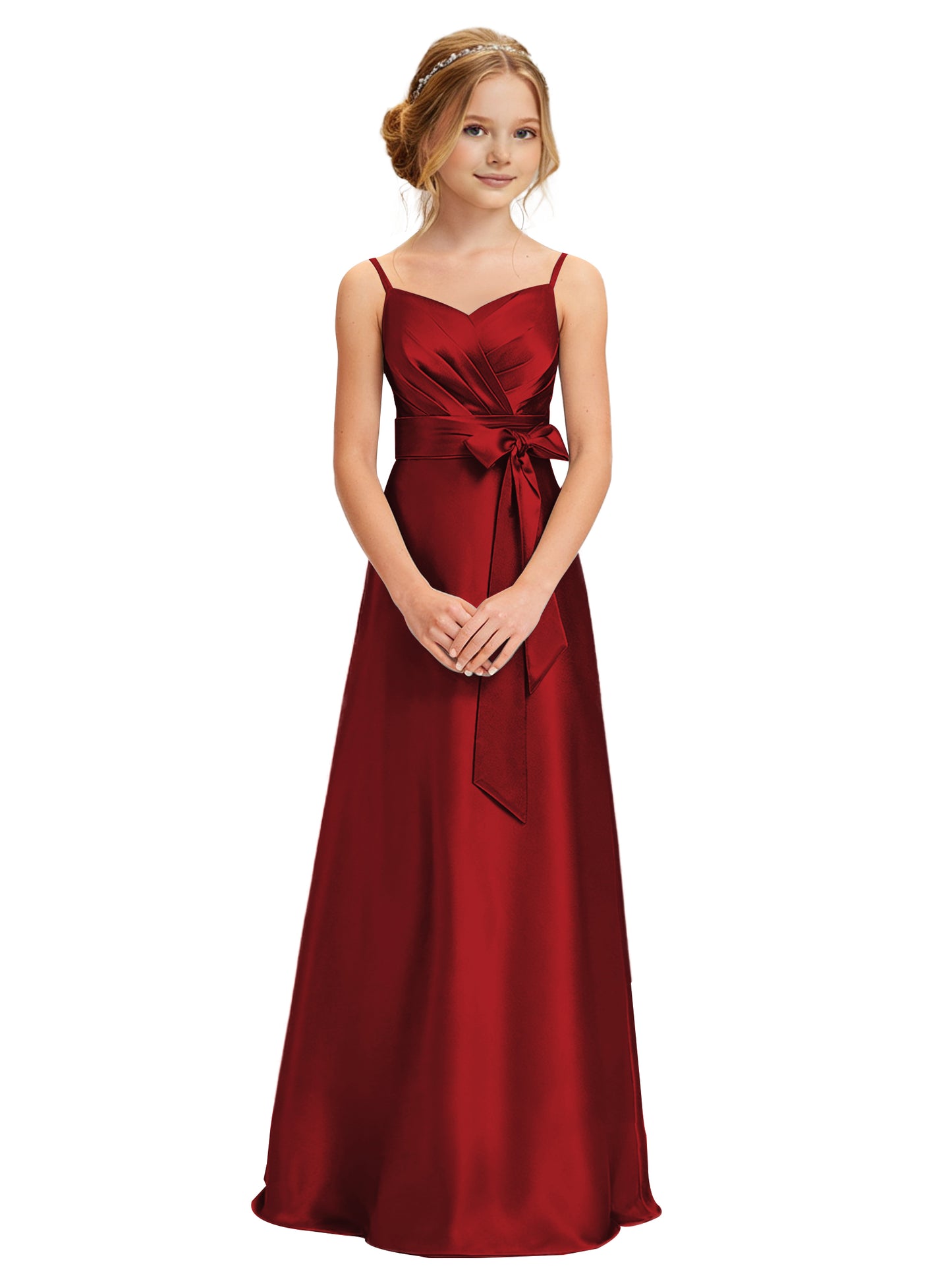 dideyttawl 2026 Girls Pleated Satin Prom Dress Bow Belt Ball Gown Maxi Spaghetti Straps Junior Bridesmaid Dress 2547