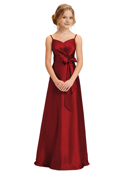 dideyttawl 2026 Girls Pleated Satin Prom Dress Bow Belt Ball Gown Maxi Spaghetti Straps Junior Bridesmaid Dress 2547