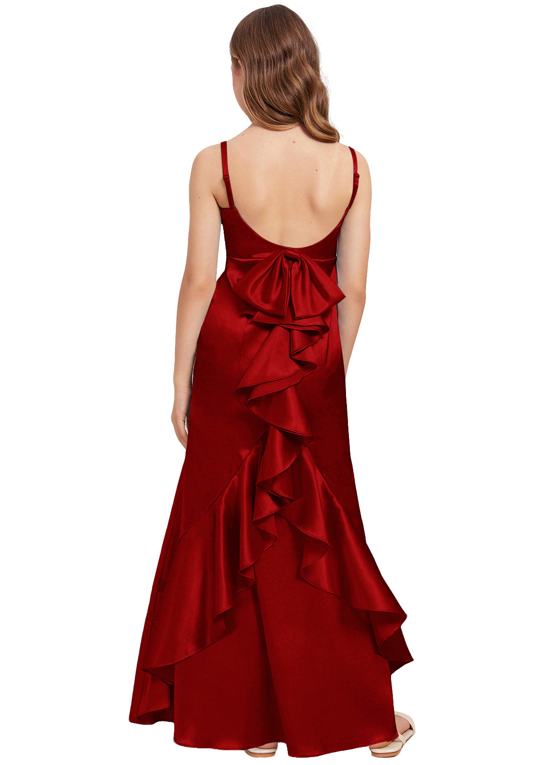 dideyttawl Mermaid Junior Bridesmaid Dress with Slit V-Neck Ruffles Bow Stretch Satin Flower Girl Dress Sleeveless Formal Special Occasion Dress for Wedding 2522