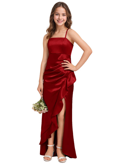 dideyttawl Sheath Junior Bridesmaid Dress with Slit Square Neck Ruffles Stretch Satin Flower Girl Dress Sleeveless Formal Special Occasion Dress for Wedding 2521