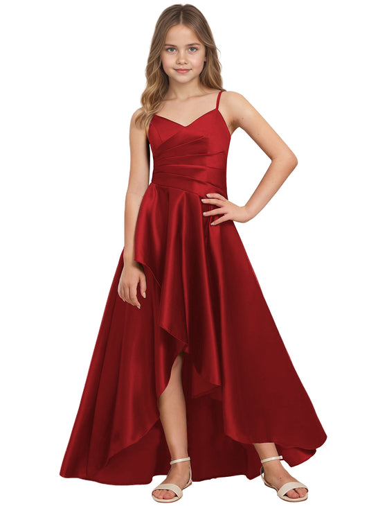dideyttawl High Low Junior Bridesmaid Dress V-Neck Silk Satin Flower Girl Dress Sleeveless Formal Special Occasion Dress for Wedding 2523