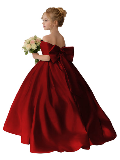 Dideyttawl Satin Flower Girl Dress A Line Off Shoulder Formal Ball Gown Bow Back