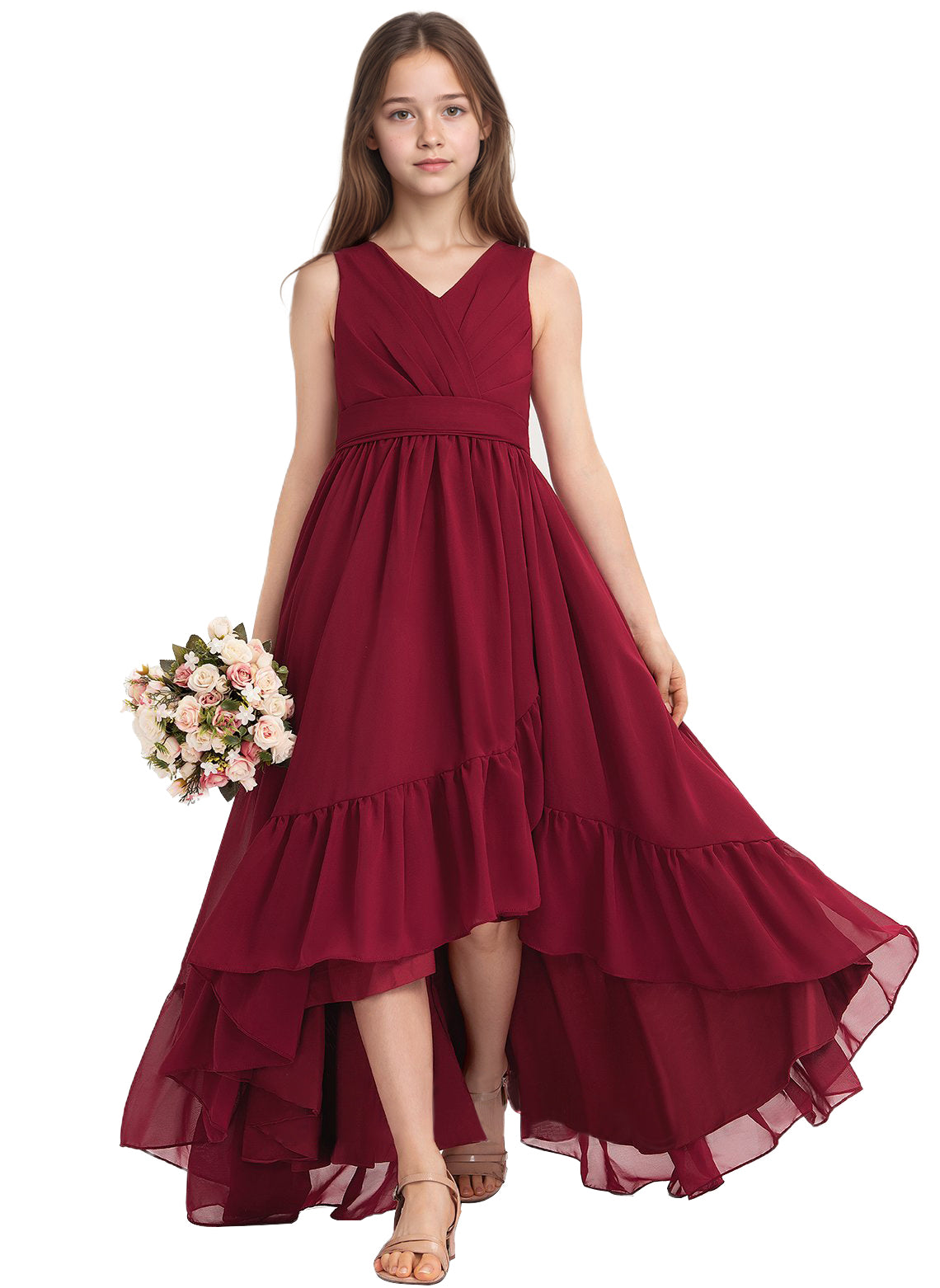 dideyttawl A-Line High Low Flower Girls Dress Long V-Neck Junior Bridesmaid Dresses for Teens Pleated Chiffon 2511