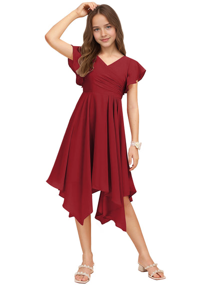 Chiffon Short Junior Bridesmaid Dresses Knee Length Flutter Sleeves Flower Girl Dresses for 4-16 2505