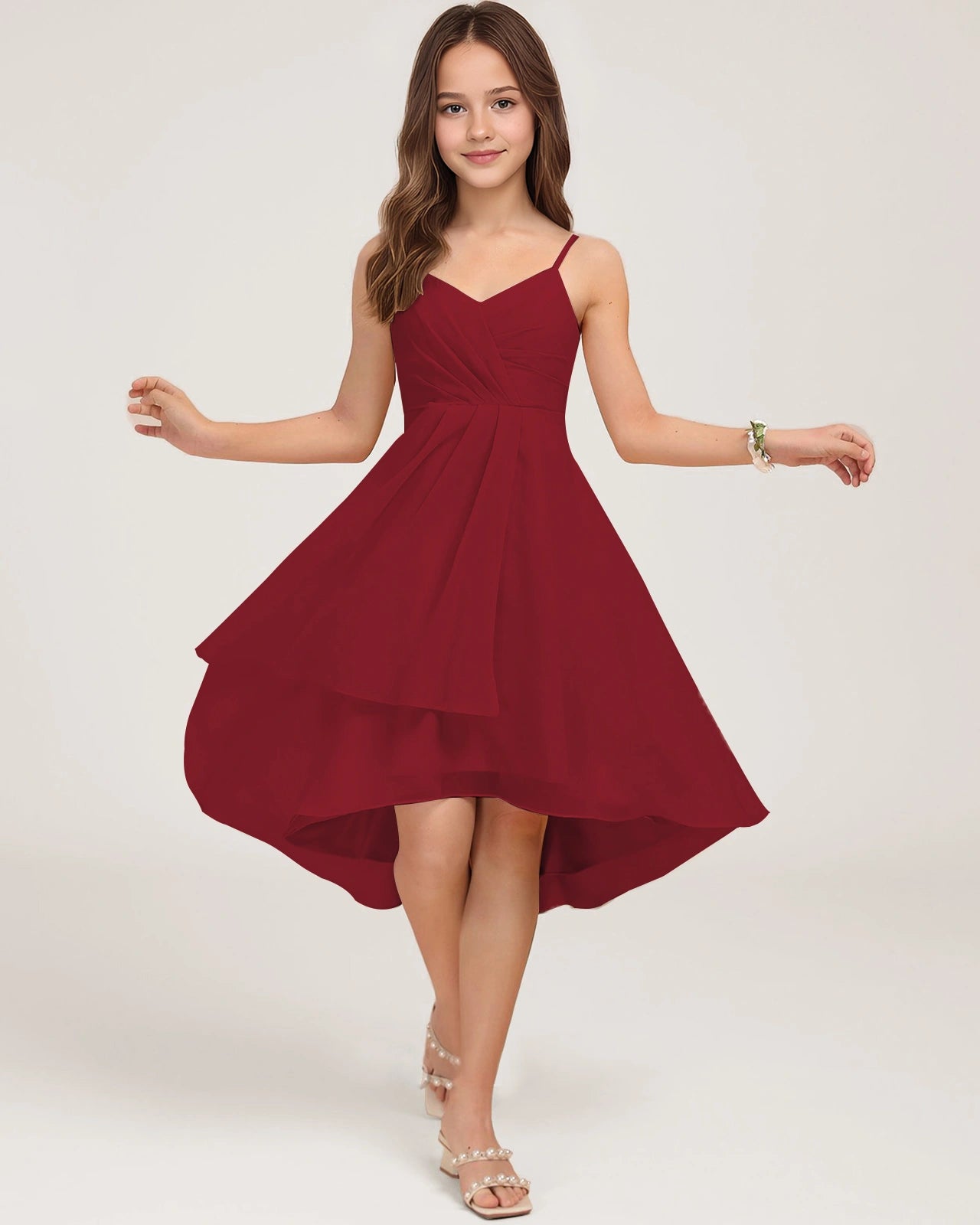 Front Burgundy Chiffon Junior Bridesmaid Dress