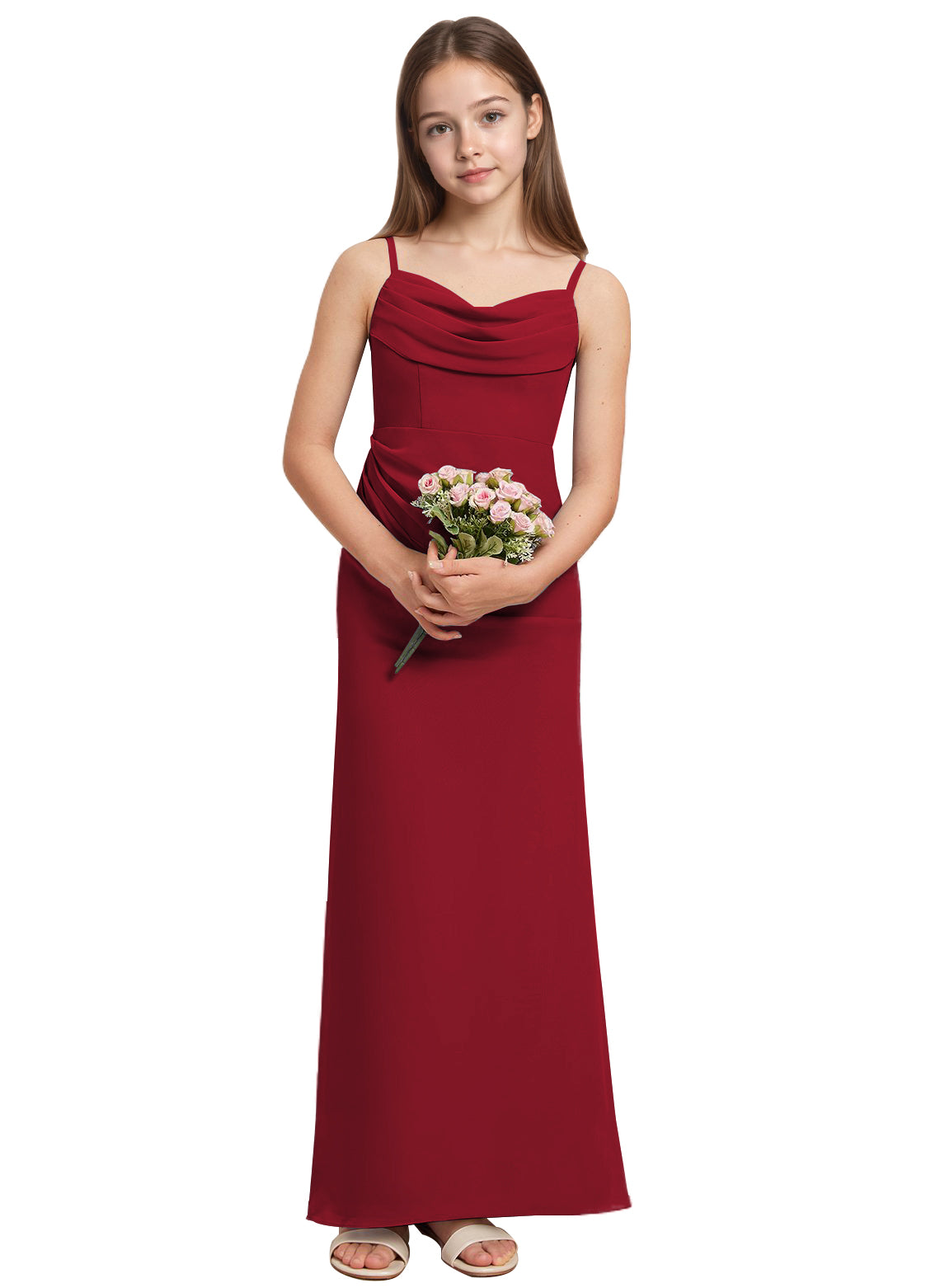 dideyttawl Long Sheathe Junior Bridesmaid Dresses for Girls Chiffon A-Line Ruched Cowl Neck Wedding Flower Girls Dress 2512