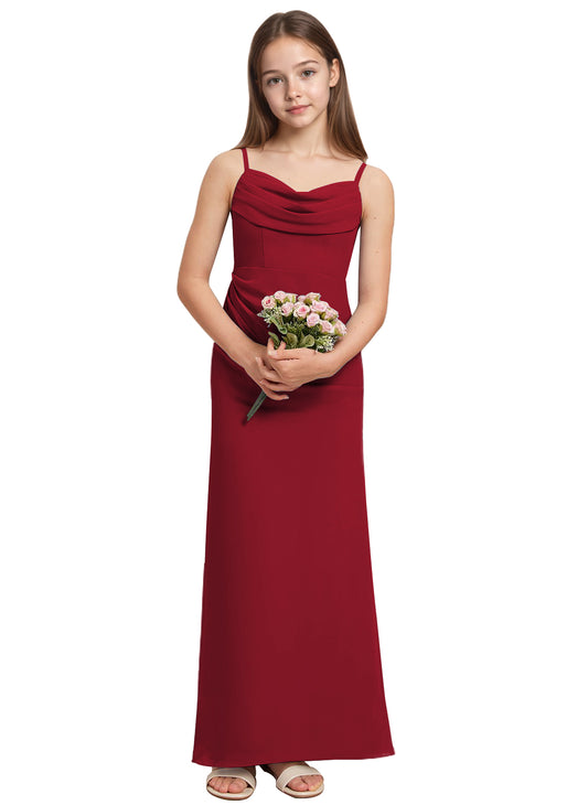 dideyttawl Long Sheathe Junior Bridesmaid Dresses for Girls Chiffon A-Line Ruched Cowl Neck Wedding Flower Girls Dress 2512