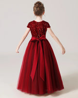 Burgundy Tulle A-line Girls Formal Dress Back View