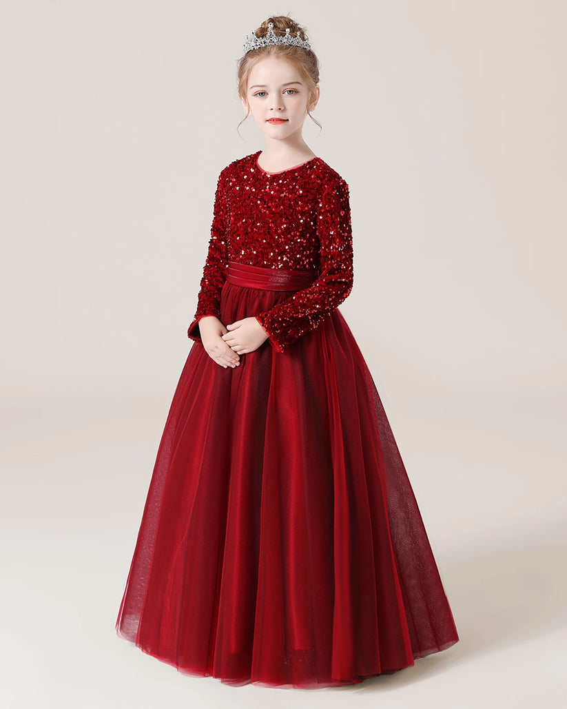 Burgundy Sequin Tulle A-line Girls Formal Dress Front View