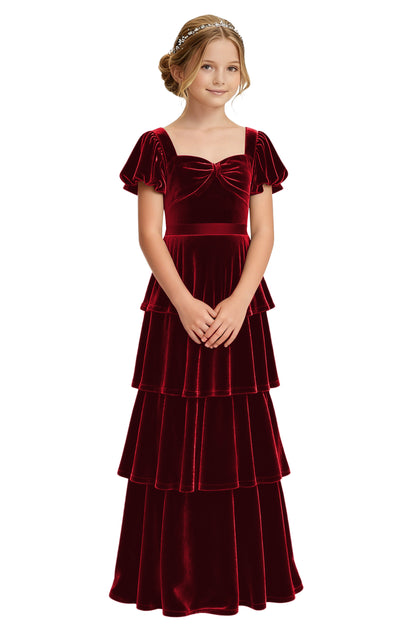 dideyttawl Girls Pleated Velvet Short Lantern Sleeves Long Junior Bridesmaid Dress 2542