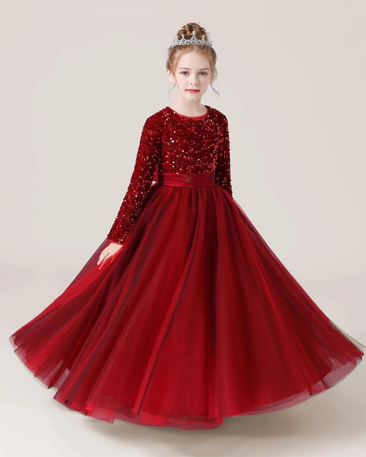 Burgundy Front Sequin Long Sleeve Flower Girl Dress